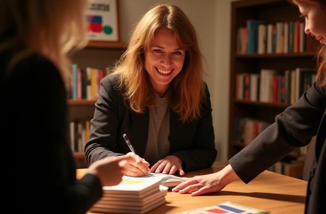 Autorin signiert Bücher nach einer Lesung, ein Exemplar des Romans liegt bereit.